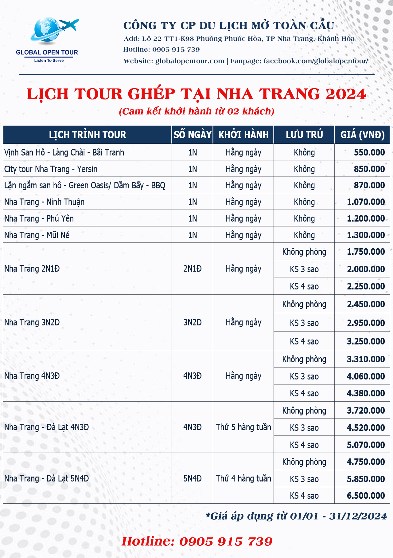 Bảng giá tour ghép hằng ngày tại Nha Trang 2024