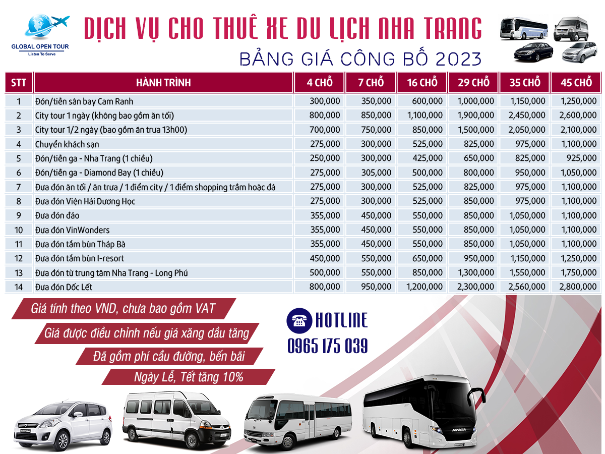 Bảng giá cho thuê xe du lịch Nha Trang 2023